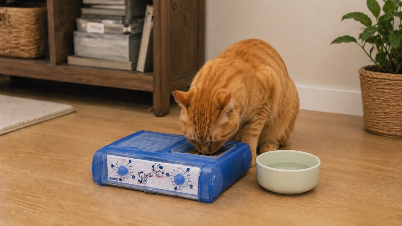 猫の自動給餌機を前にごはんを待つ猫